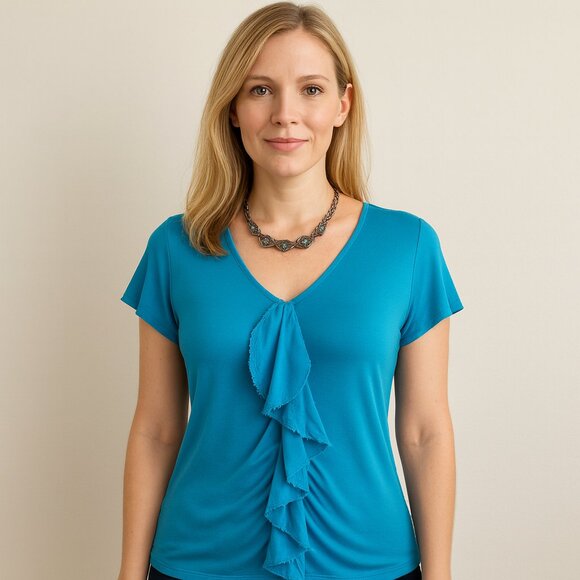 Rafaella Tops - Rafaella Turquoise Ruffle Blouse – Size M | Chic V-Neck Top